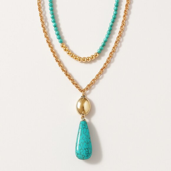Calvin Klein Gold Plated Layered Necklace w/ Turquoise Beads & Pendant – Jewelry - Picture 1 of 9